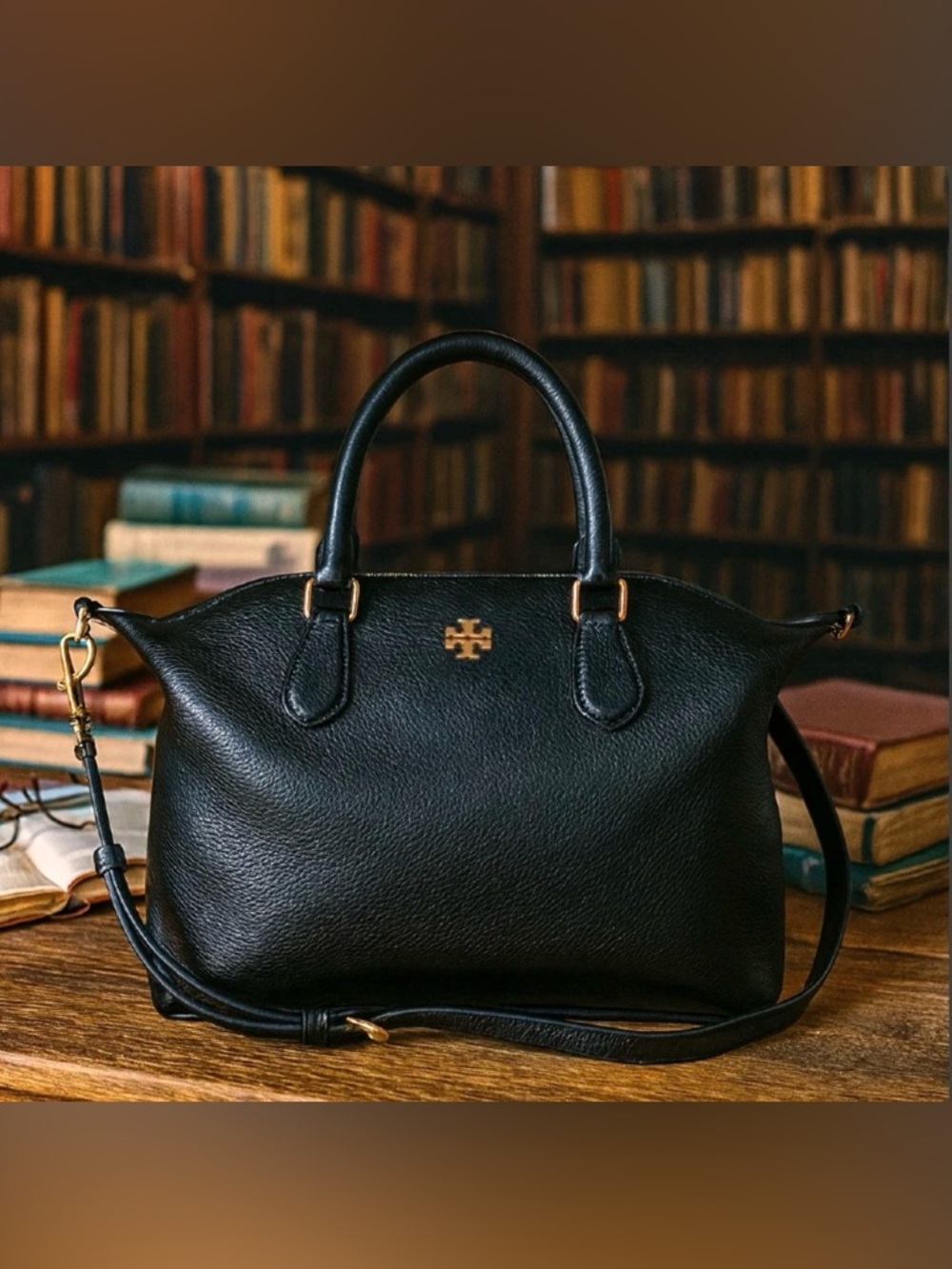 Tory Burch Black Leather Satchel with Gold Hardware